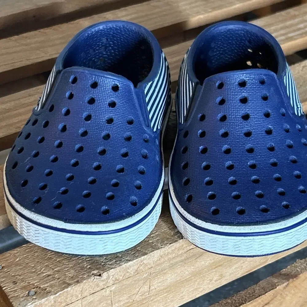 Native Miles Navy Blue White Stripes Baby Shoes Sz C4 Nautical Preppy